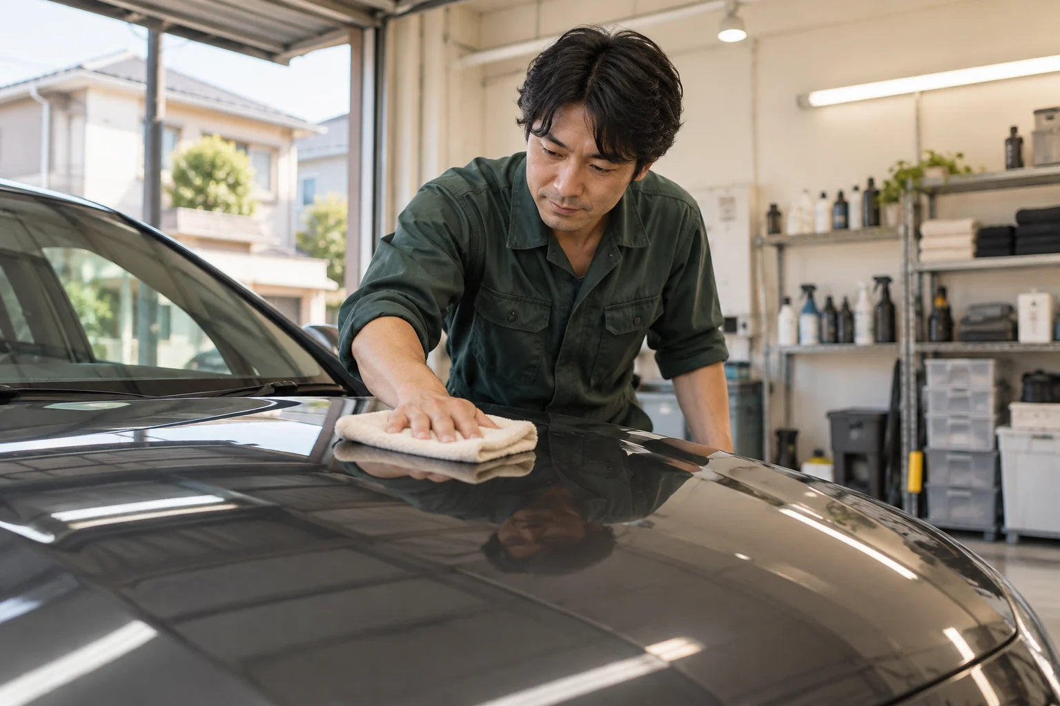 車のボディを丁寧に拭き上げるコーティング作業のイメージ