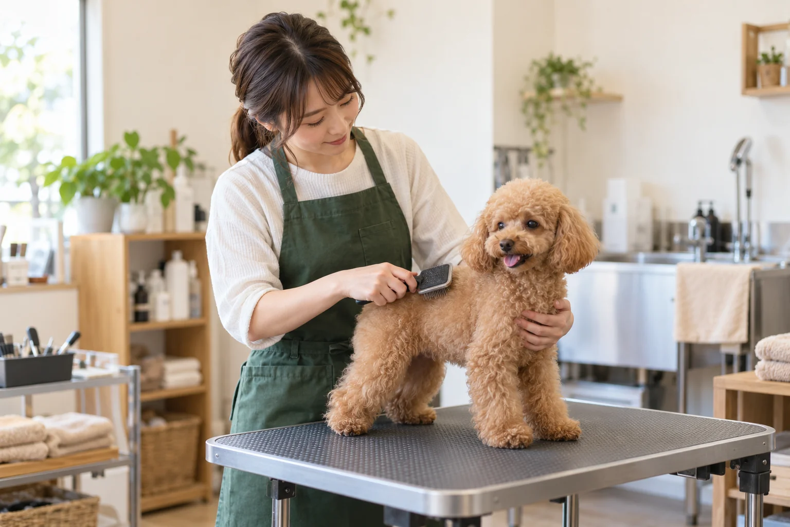 犬をやさしくブラッシングするトリマーのイメージ